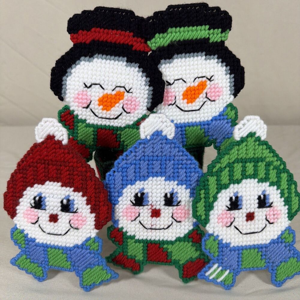 Vintage Handmade Needlepoint Canvas Snowman Christmas Coasters Set of 5 Holder